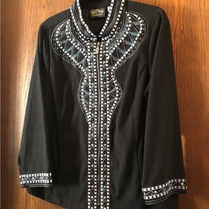 VINTAGE ‘BOB MACKIE-WEARABLE ART’ EMBELLISHED BLACK JACKET-SIZE L-EUC!